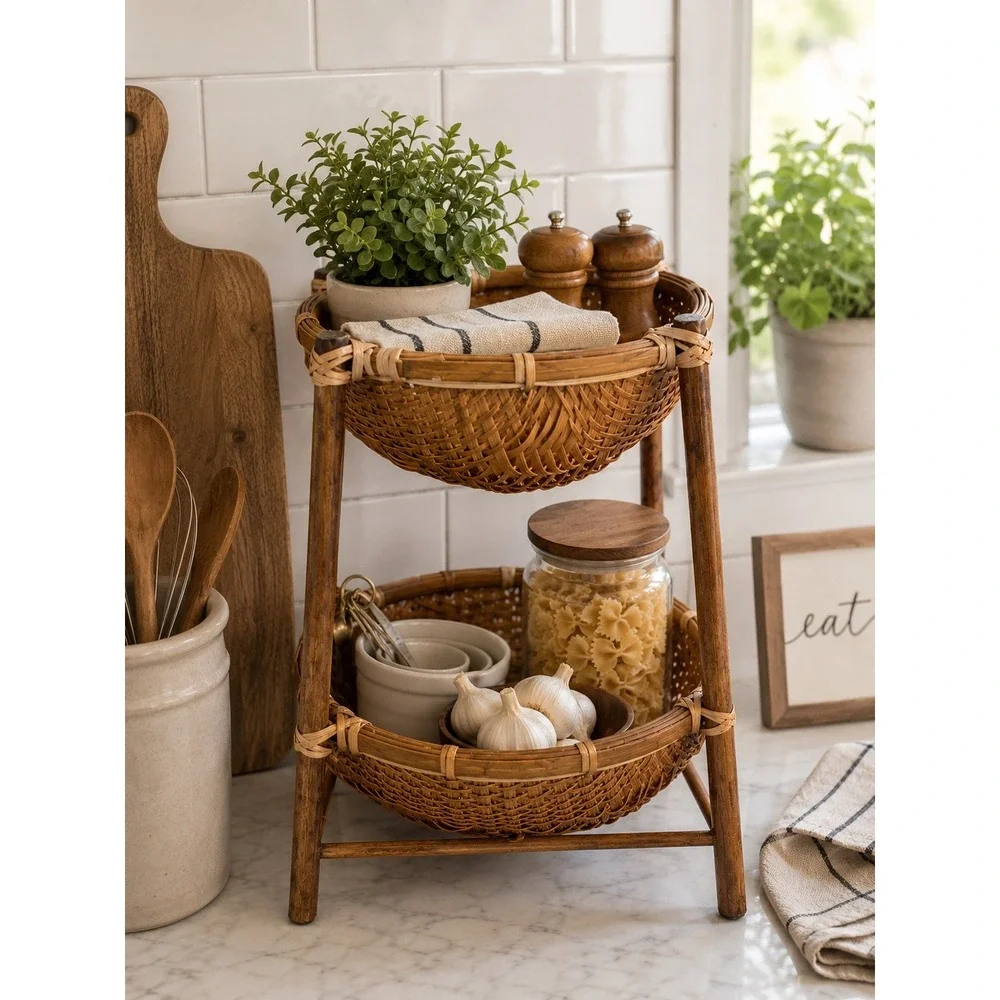 Vintage 2 Tier Woven Bamboo Wicker Basket Natural Boho Countertop Organizer